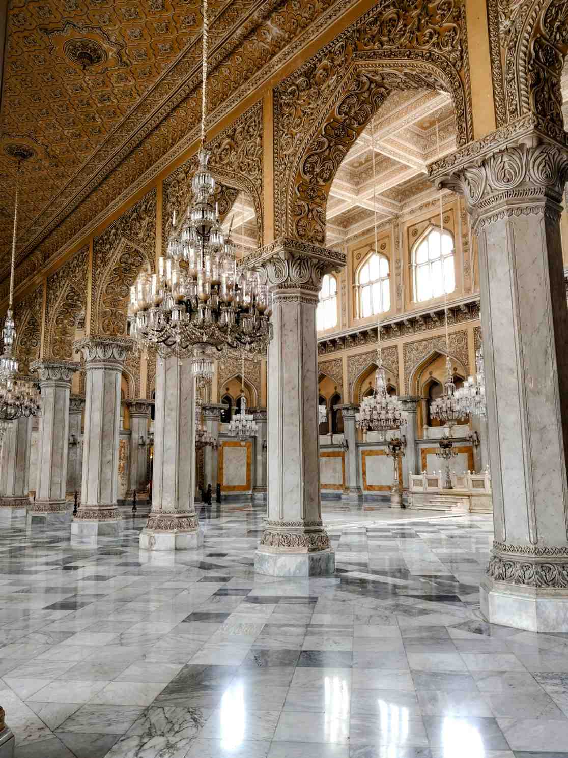Belgian crystal chandeliers inside Khilwat Mubarak-Chowmahalla Palace